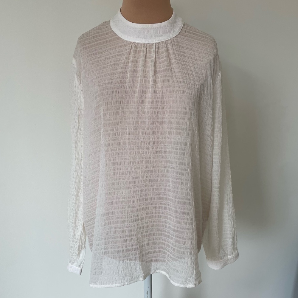 Amour Vert White Silk Crinkle Long Sleeve Semi Sheer Raisa Blouse NWT Size Large